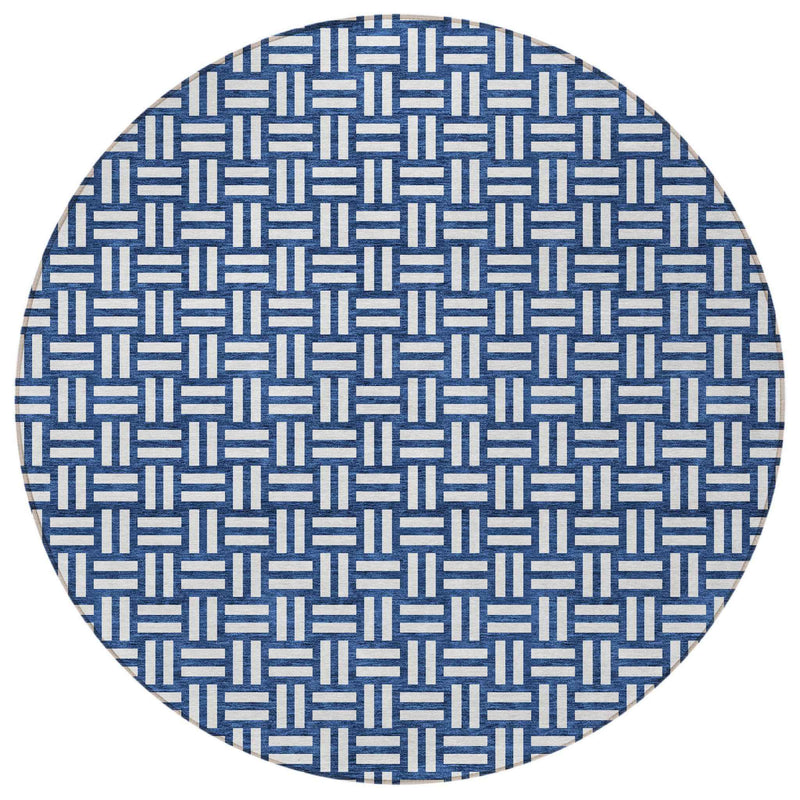 8' Navy Blue And Ivory Round Geometric Washable Indoor Outdoor Area Rug