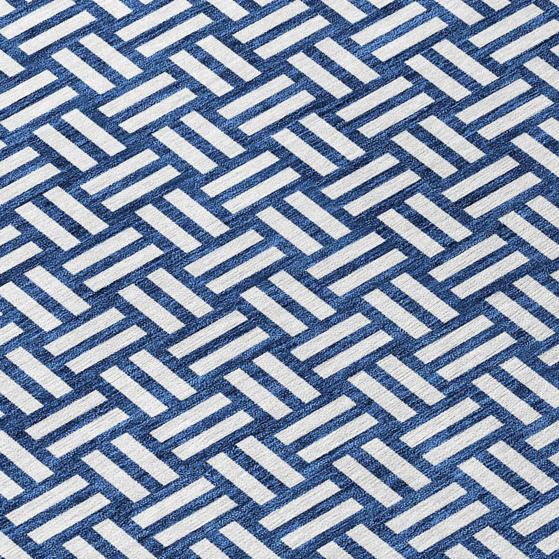 8' Navy Blue And Ivory Round Geometric Washable Indoor Outdoor Area Rug