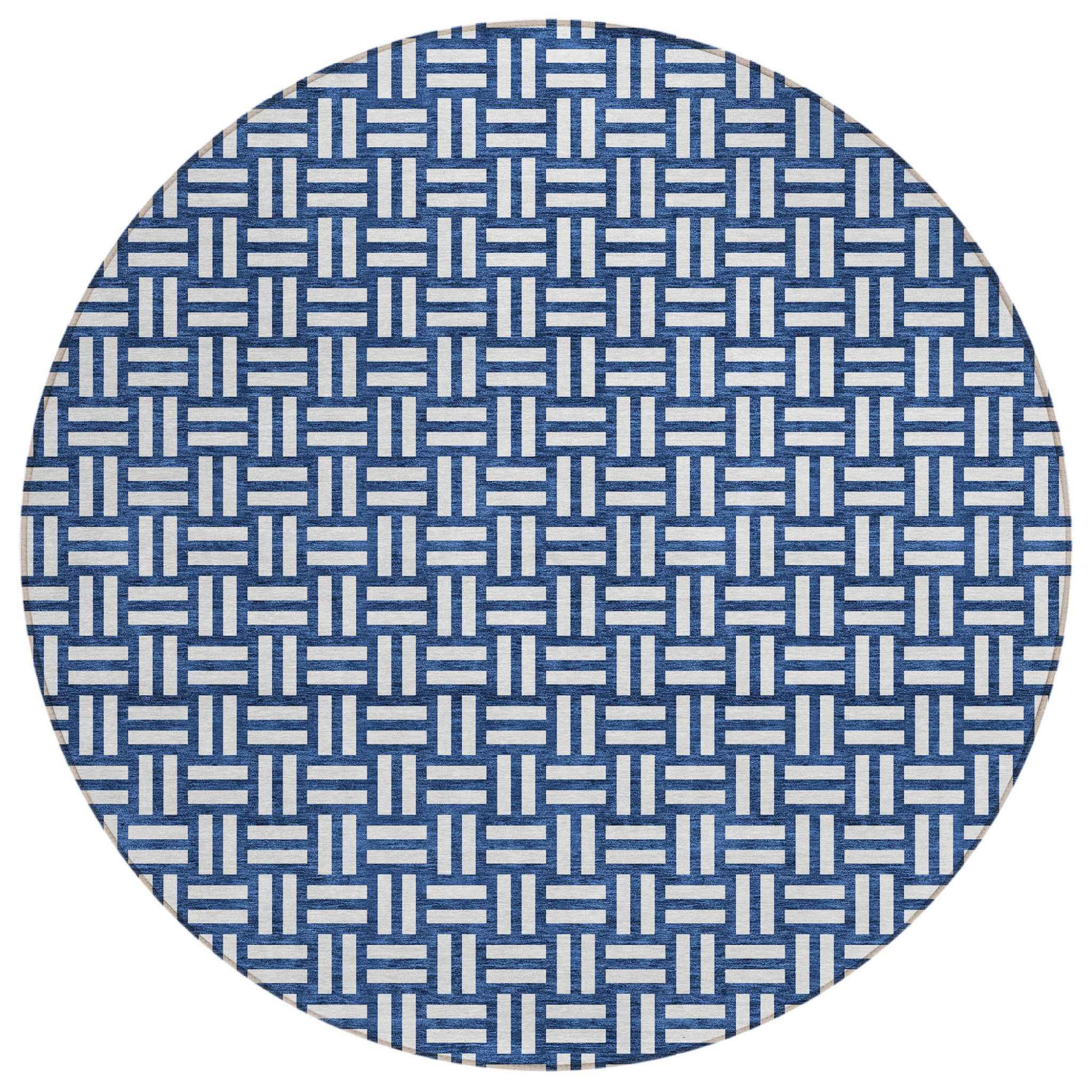 8' Navy Blue And Ivory Round Geometric Washable Indoor Outdoor Area Rug