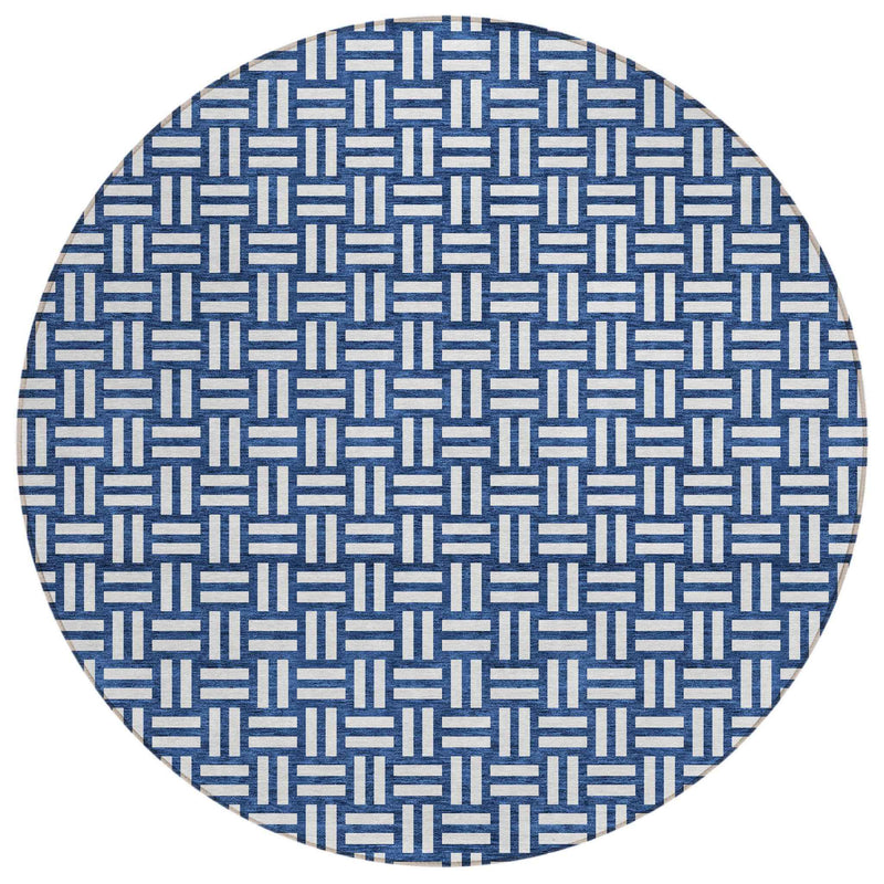 8' Navy Blue And Ivory Round Geometric Washable Indoor Outdoor Area Rug