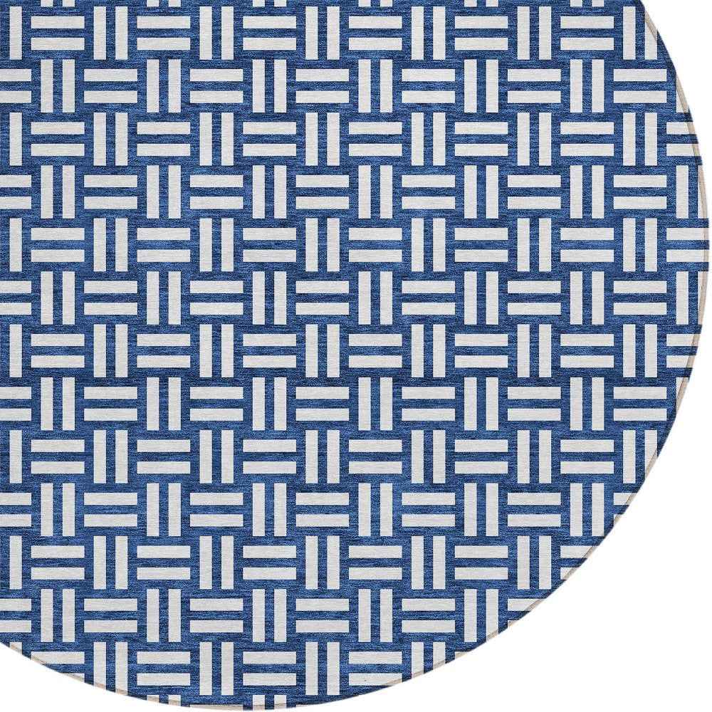 8' Navy Blue And Ivory Round Geometric Washable Indoor Outdoor Area Rug