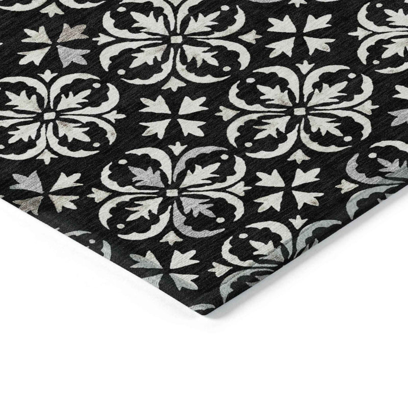 10' X 14' Black And Ivory Floral Washable Indoor Outdoor Area Rug