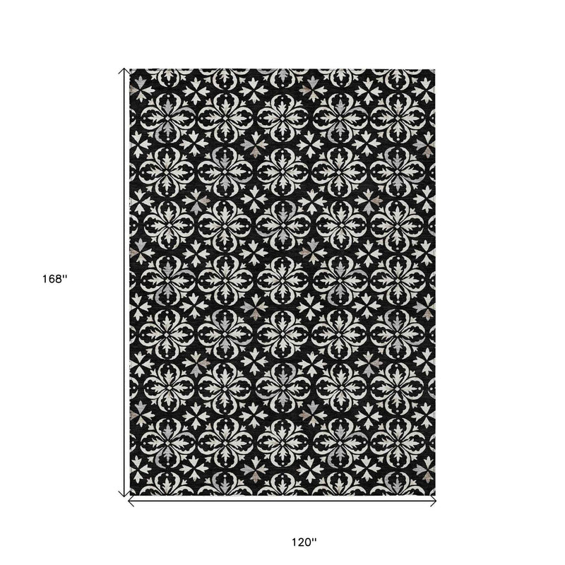 10' X 14' Black And Ivory Floral Washable Indoor Outdoor Area Rug