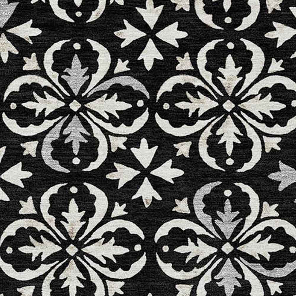 10' X 14' Black And Ivory Floral Washable Indoor Outdoor Area Rug