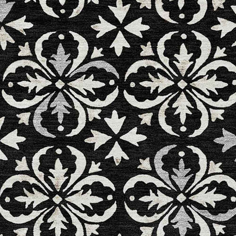10' X 14' Black And Ivory Floral Washable Indoor Outdoor Area Rug