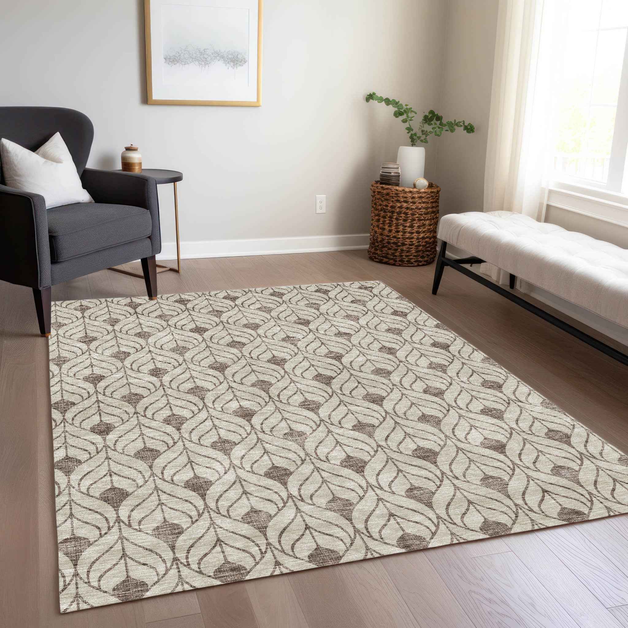 10' X 14' Brown And Beige Geometric Washable Indoor Outdoor Area Rug