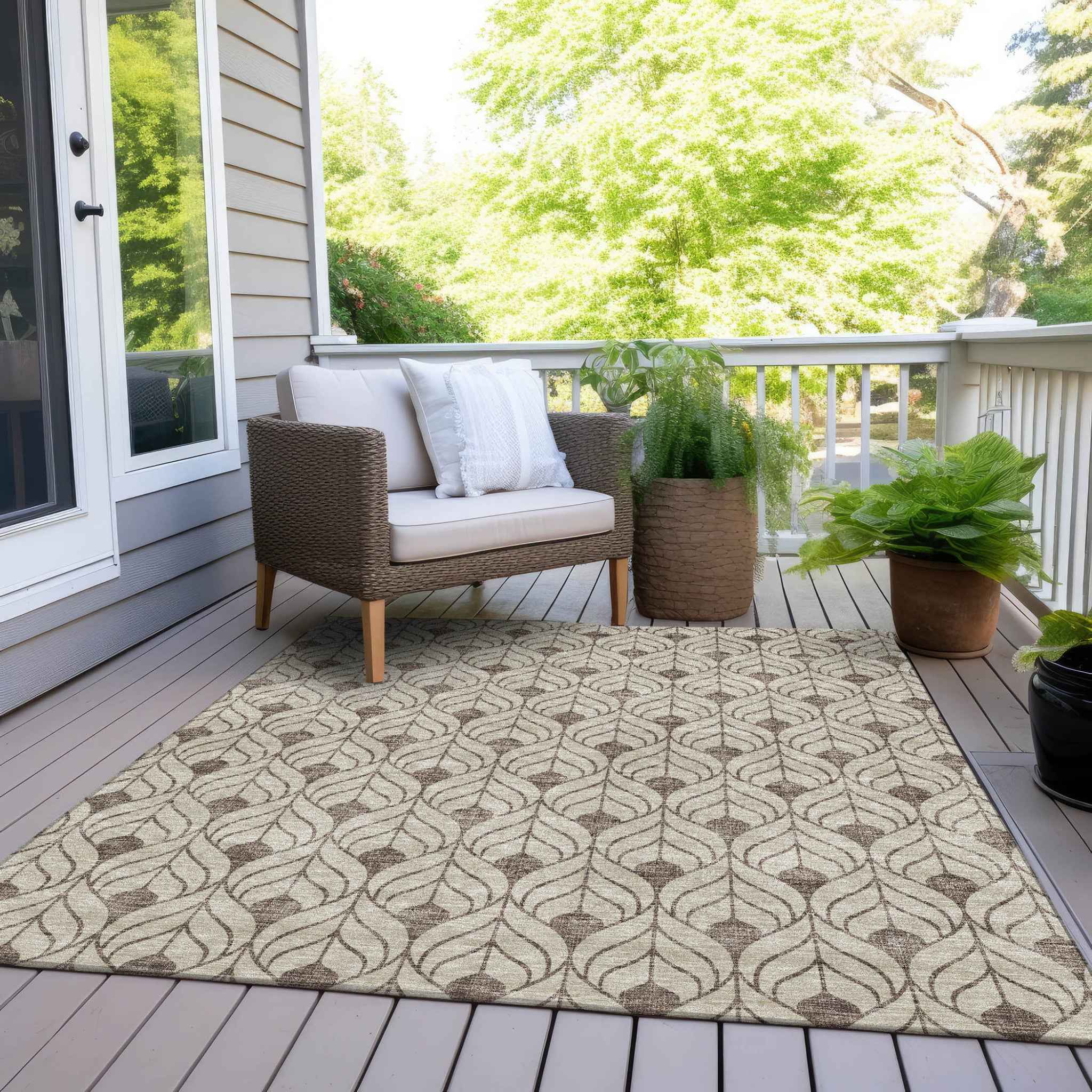 10' X 14' Brown And Beige Geometric Washable Indoor Outdoor Area Rug