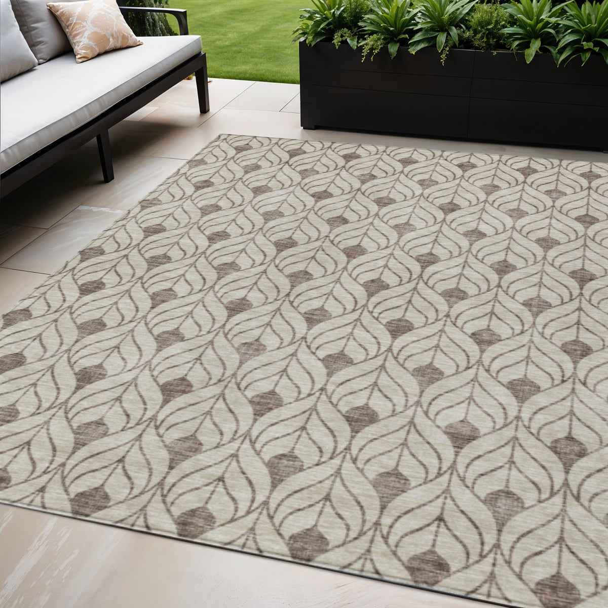 5' X 8' Brown And Beige Geometric Washable Indoor Outdoor Area Rug