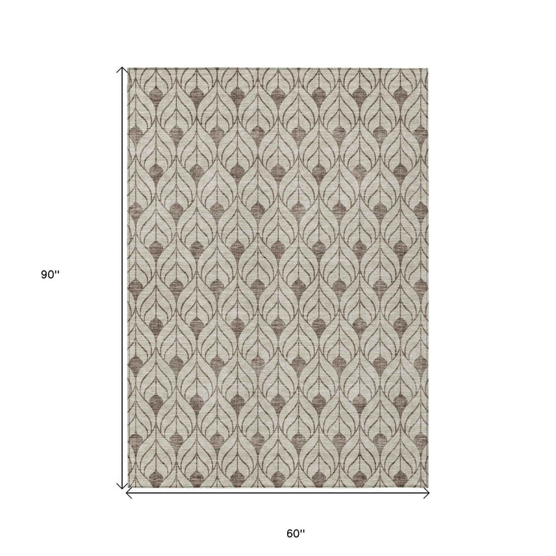 5' X 8' Brown And Beige Geometric Washable Indoor Outdoor Area Rug