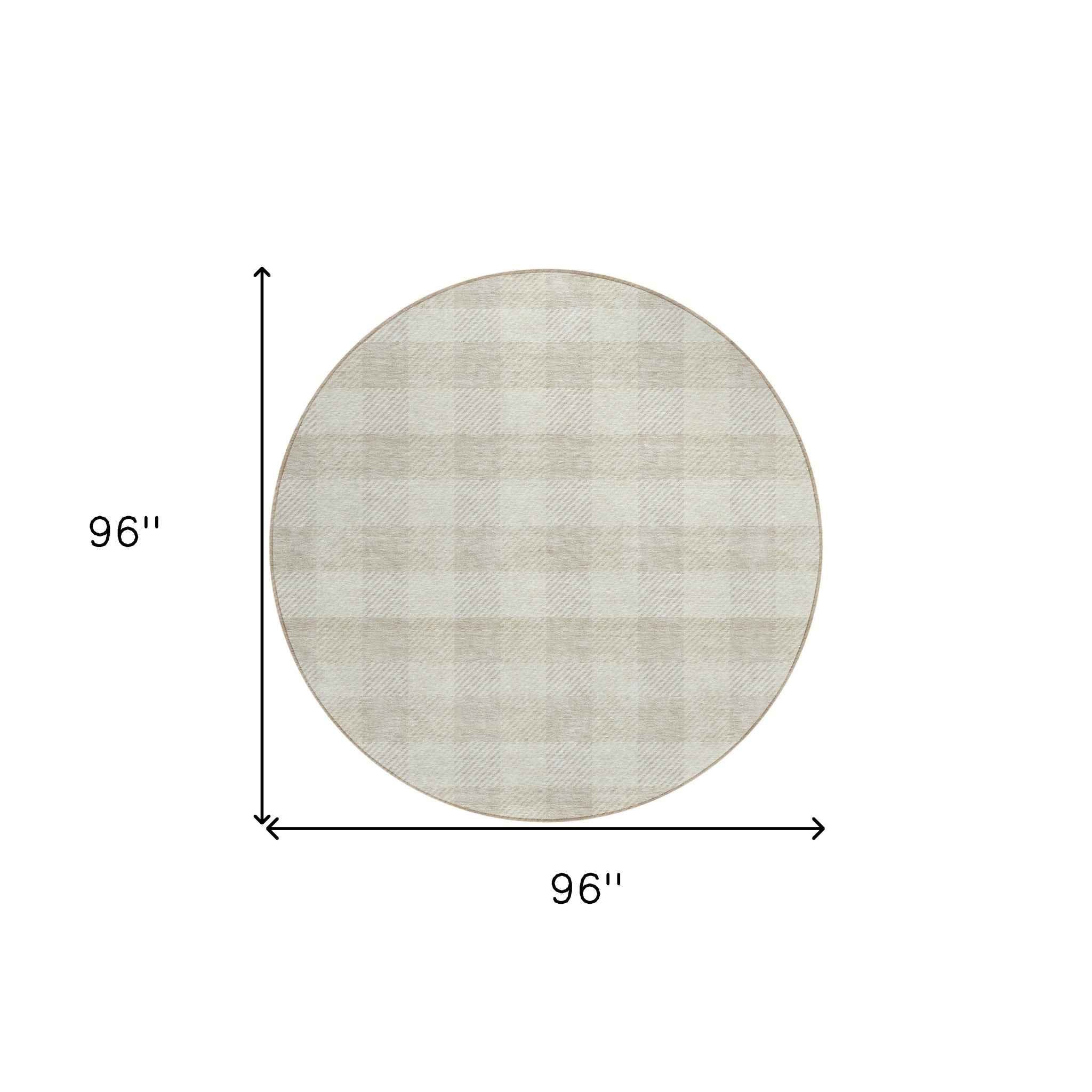 8' Ivory And Beige Round Plaid Washable Indoor Outdoor Area Rug