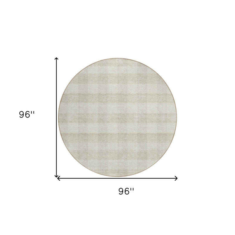 8' Ivory And Beige Round Plaid Washable Indoor Outdoor Area Rug