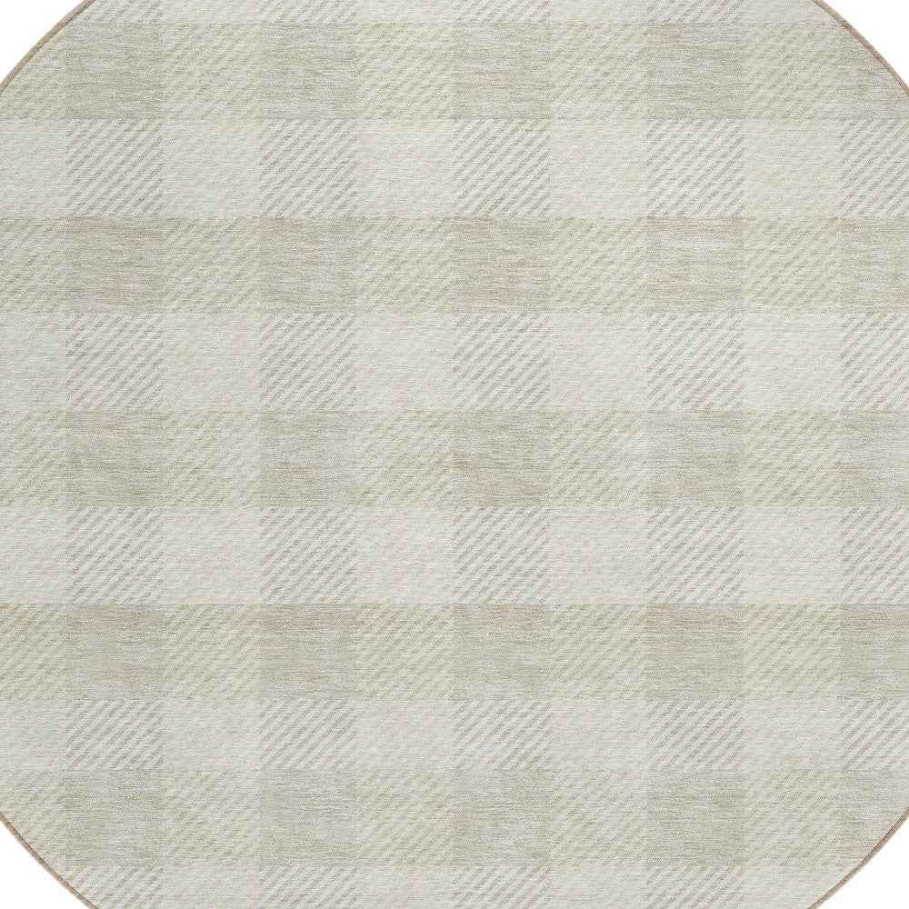 8' Ivory And Beige Round Plaid Washable Indoor Outdoor Area Rug