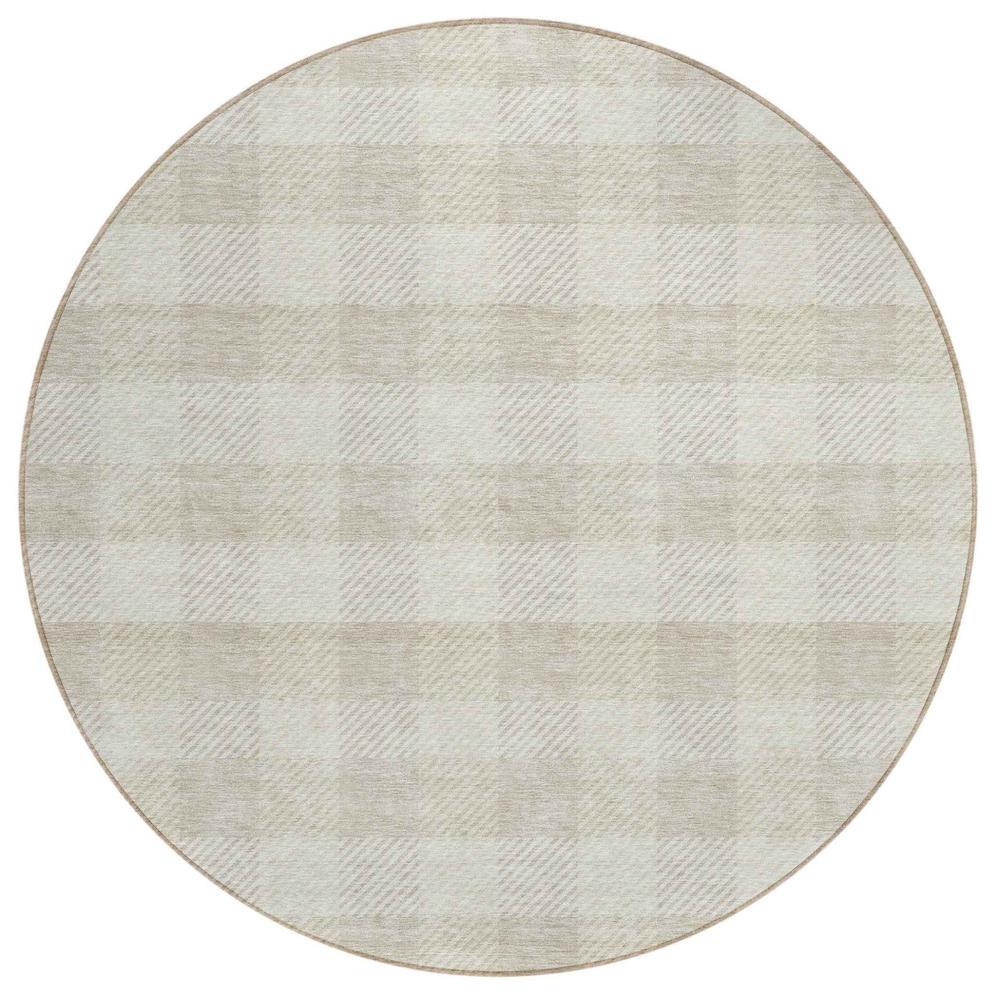 8' Ivory And Beige Round Plaid Washable Indoor Outdoor Area Rug