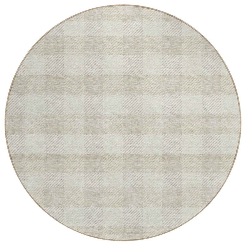 8' Ivory And Beige Round Plaid Washable Indoor Outdoor Area Rug