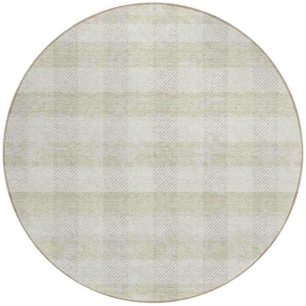 8' Ivory And Beige Round Plaid Washable Indoor Outdoor Area Rug