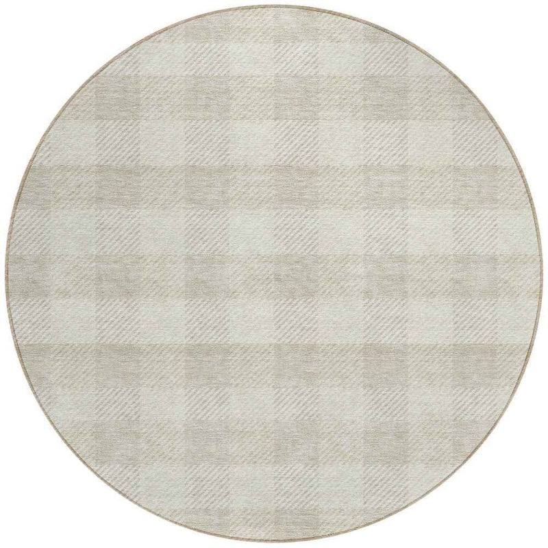 8' Ivory And Beige Round Plaid Washable Indoor Outdoor Area Rug
