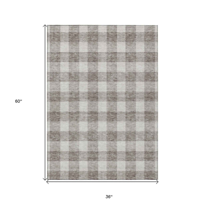 3' X 5' Taupe And Gray Plaid Washable Indoor Outdoor Area Rug