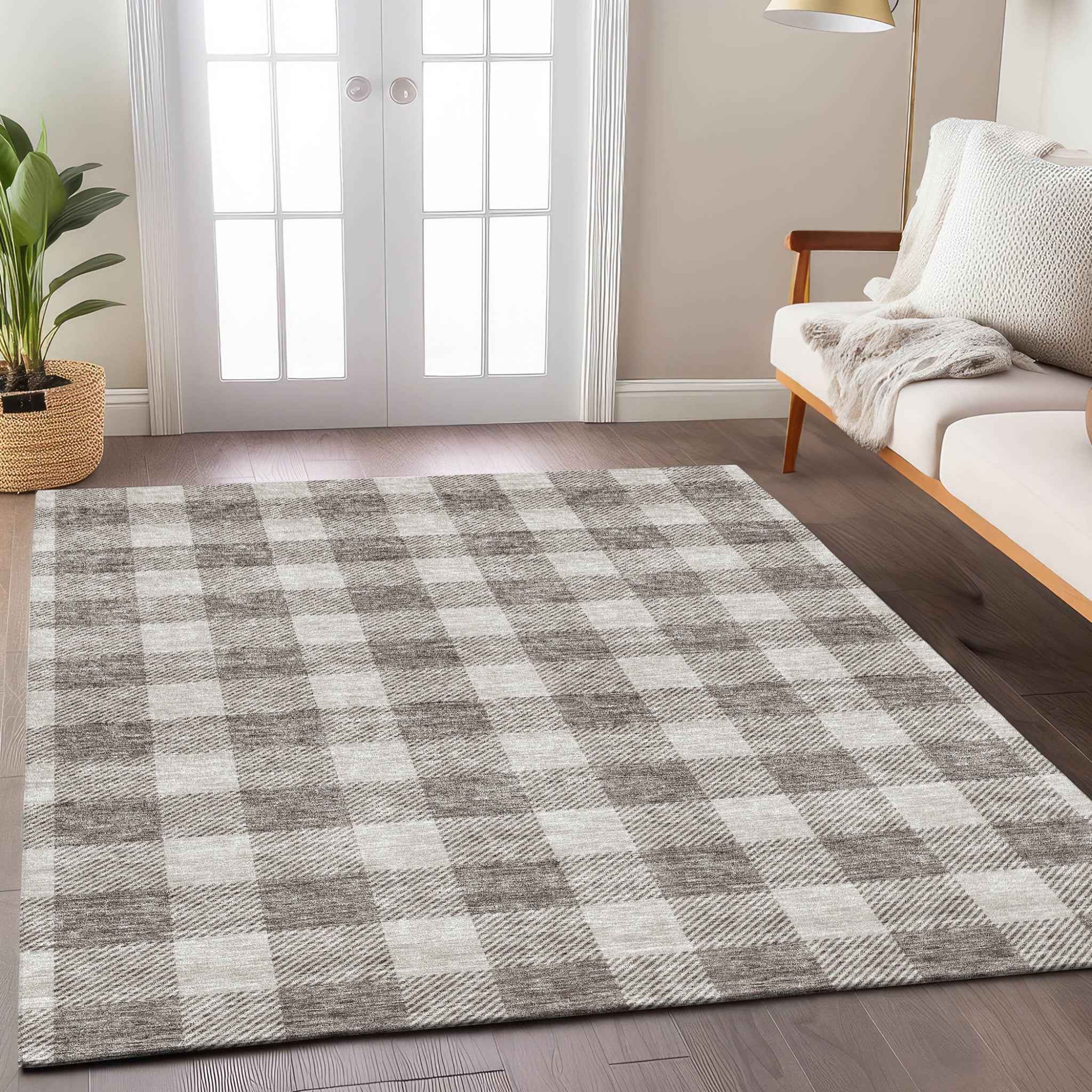 3' X 5' Taupe And Gray Plaid Washable Indoor Outdoor Area Rug