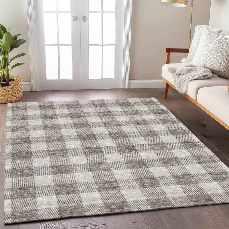 3' X 5' Taupe And Gray Plaid Washable Indoor Outdoor Area Rug