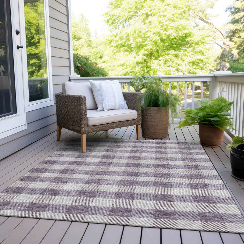9' X 12' Lavender And Ivory Plaid Washable Indoor Outdoor Area Rug
