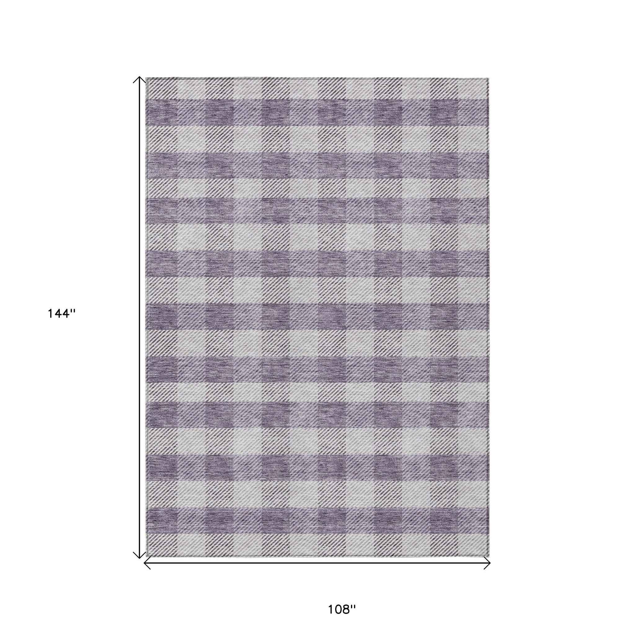 9' X 12' Lavender And Ivory Plaid Washable Indoor Outdoor Area Rug