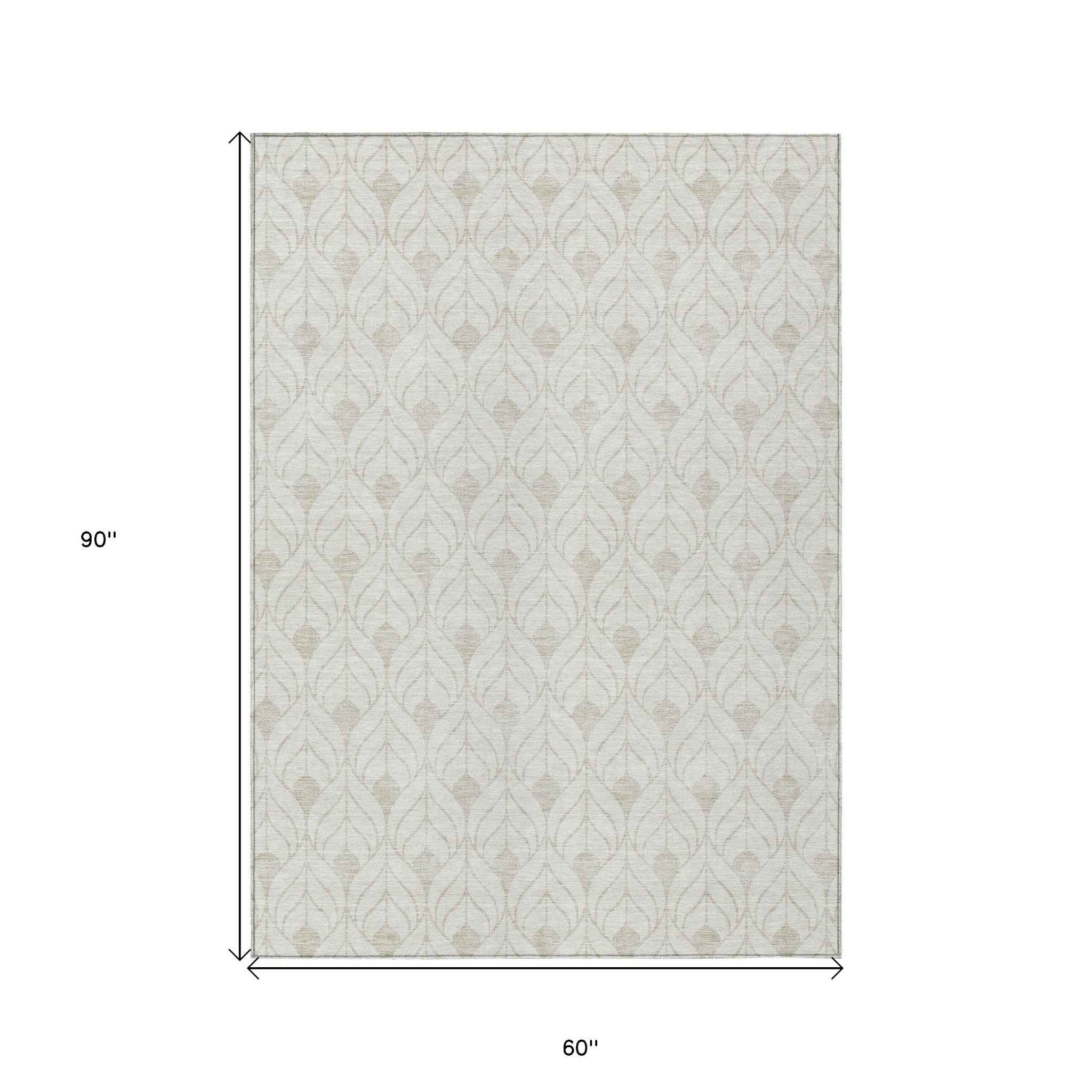 5' X 8' Ivory And Beige Geometric Washable Indoor Outdoor Area Rug