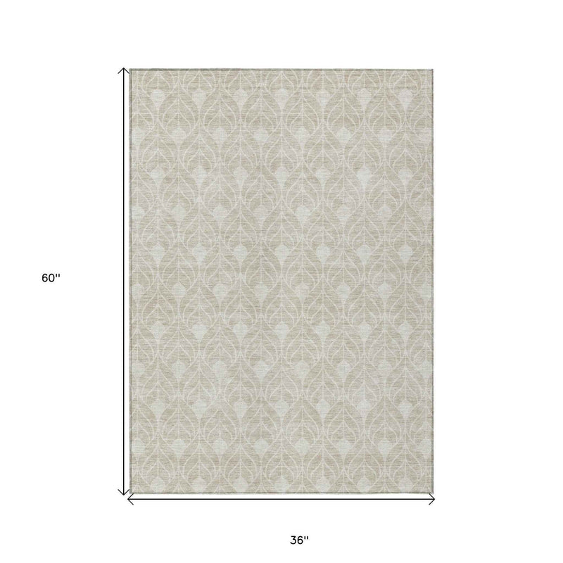 3' X 5' Beige And Ivory Geometric Washable Indoor Outdoor Area Rug