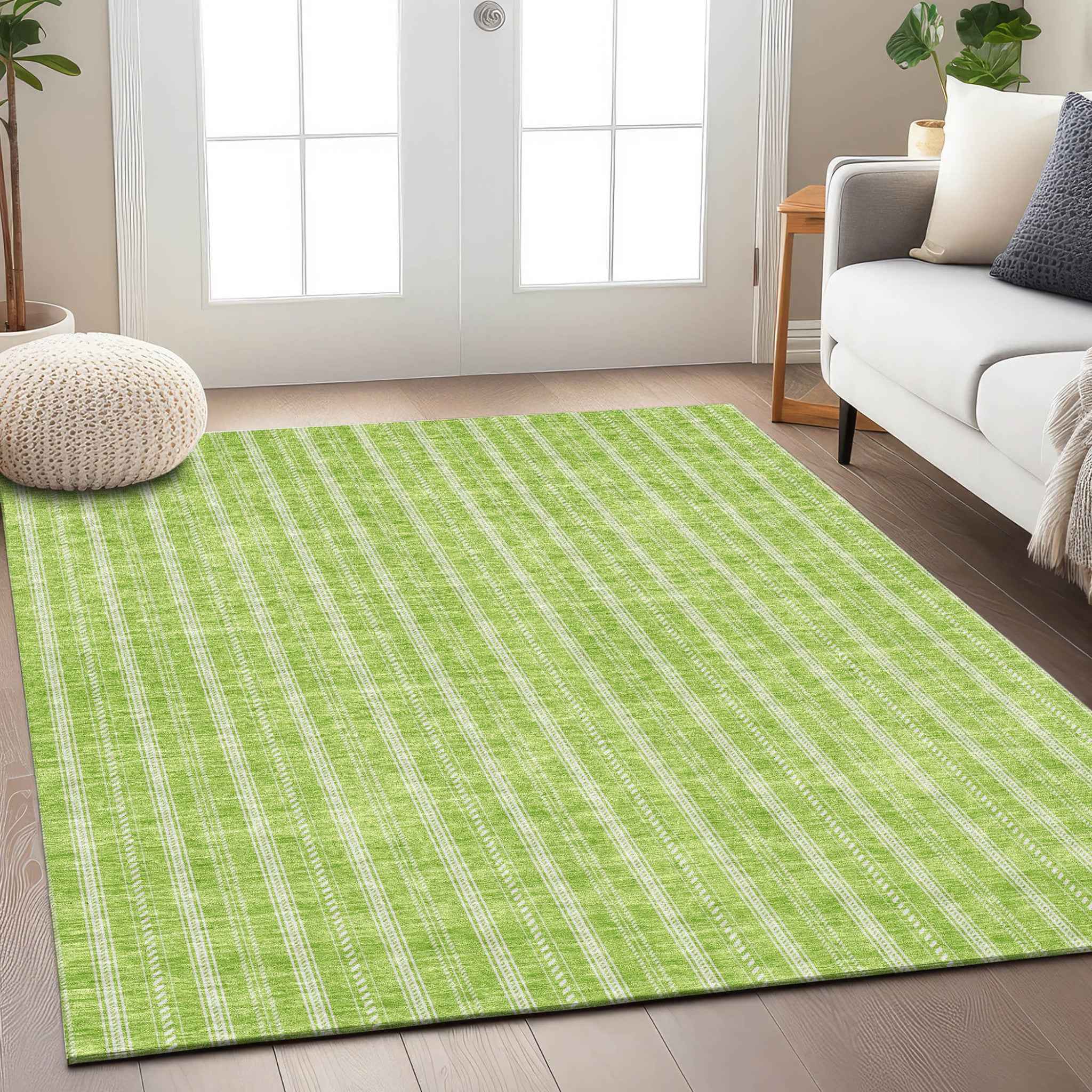 3' X 5' Lime Green And Ivory Striped Washable Indoor Outdoor Area Rug