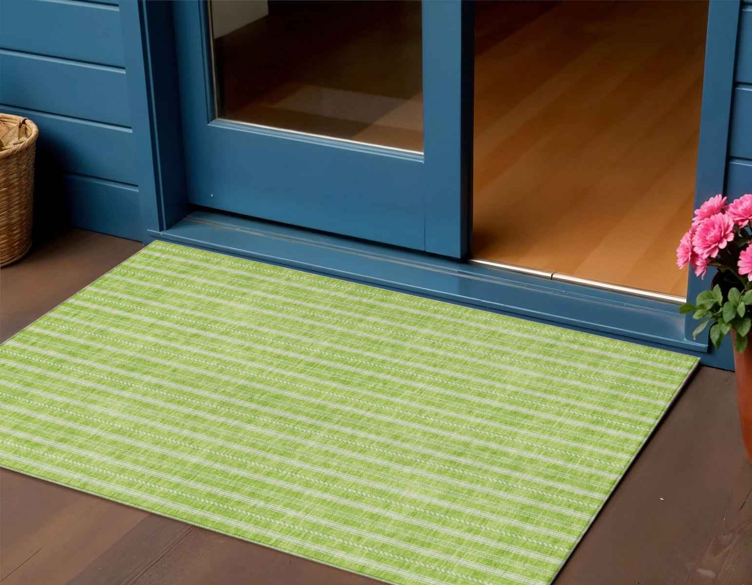 3' X 5' Lime Green And Ivory Striped Washable Indoor Outdoor Area Rug