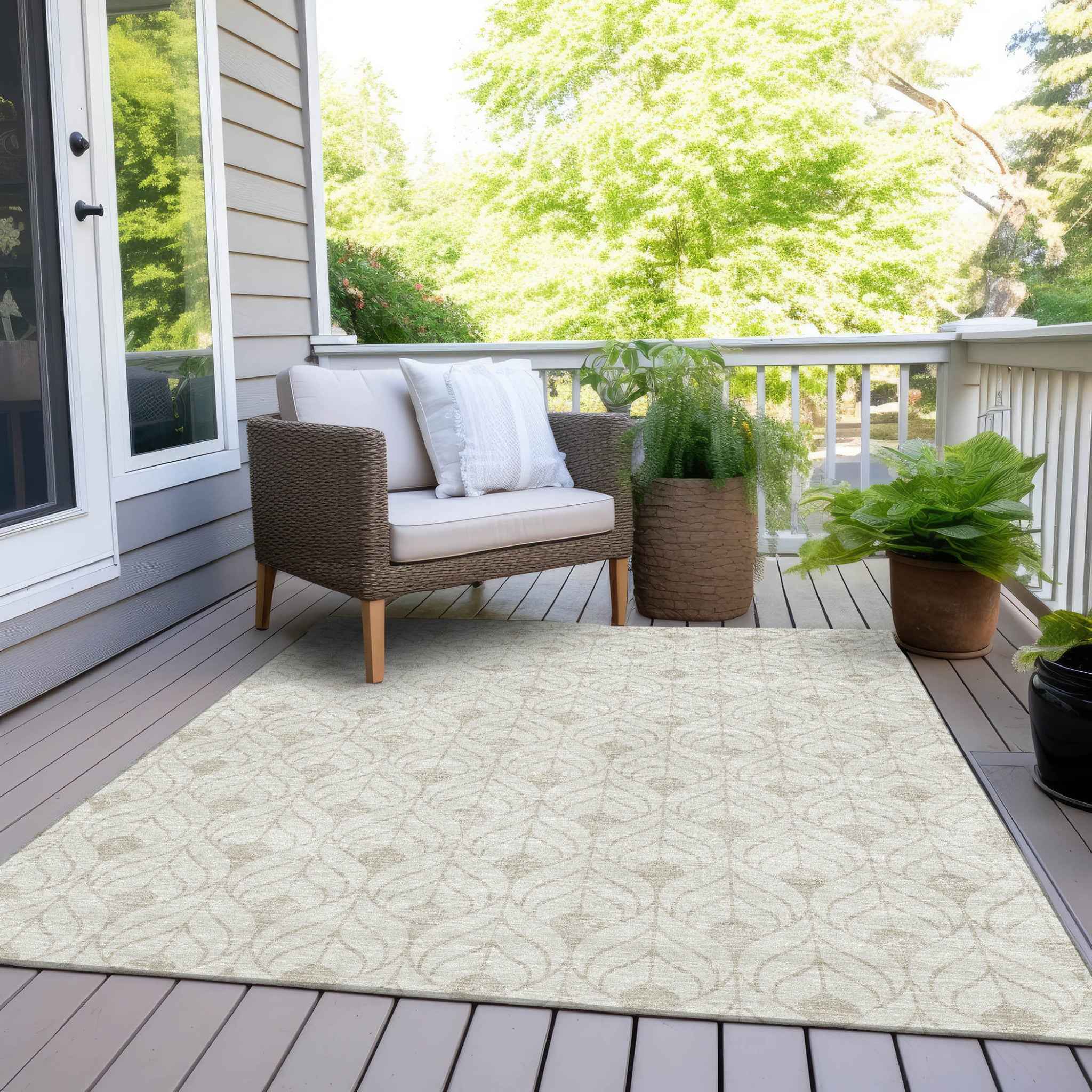 9' X 12' Ivory And Beige Geometric Washable Indoor Outdoor Area Rug