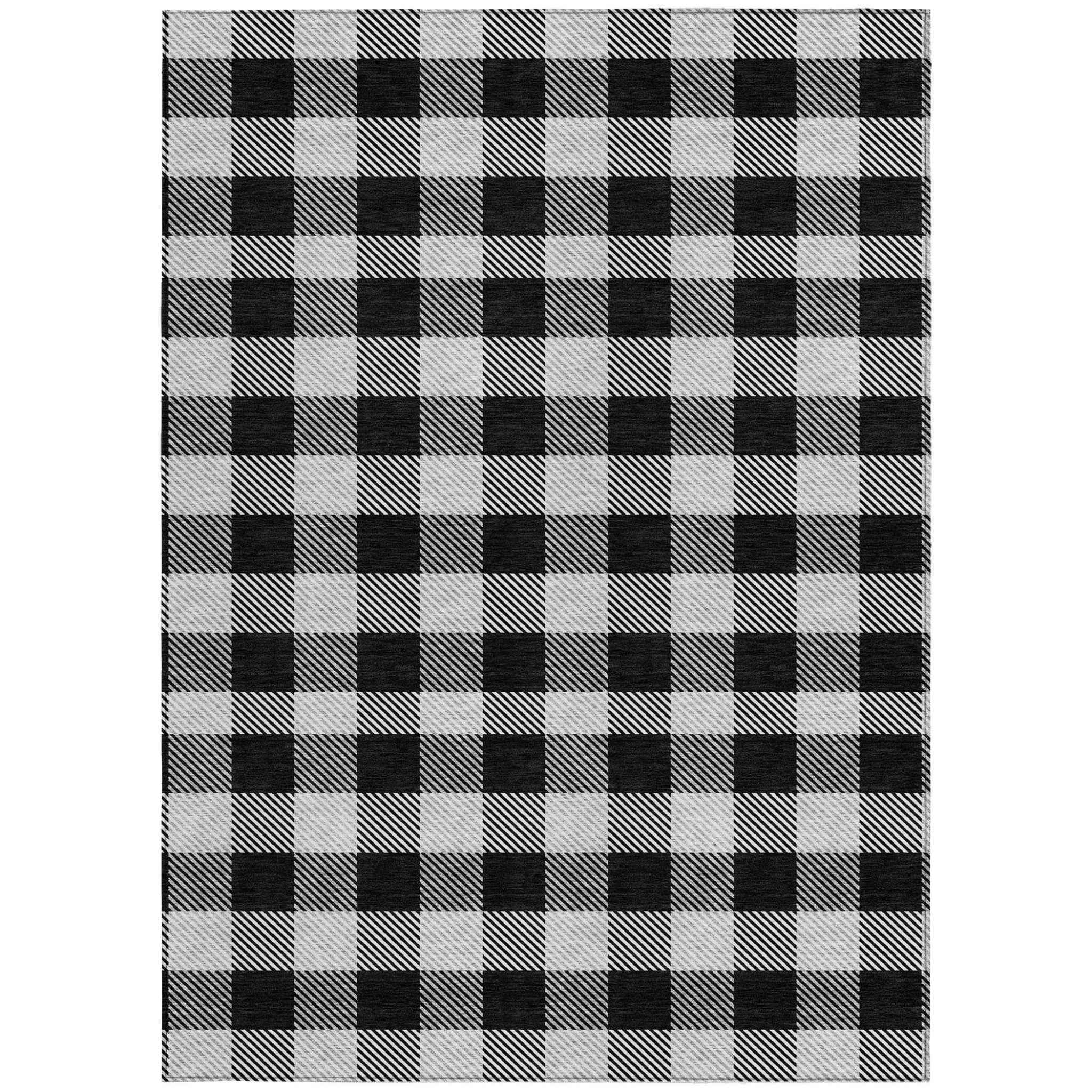 10' X 14' Black Gray And Ivory Plaid Washable Indoor Outdoor Area Rug