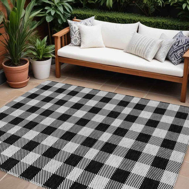 10' X 14' Black Gray And Ivory Plaid Washable Indoor Outdoor Area Rug