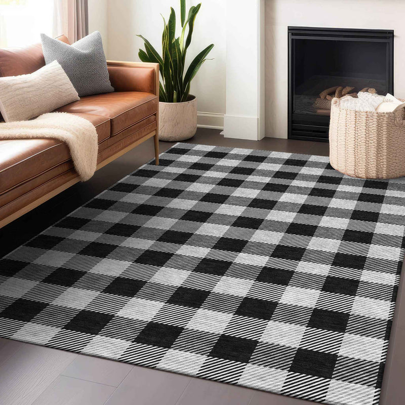 10' X 14' Black Gray And Ivory Plaid Washable Indoor Outdoor Area Rug