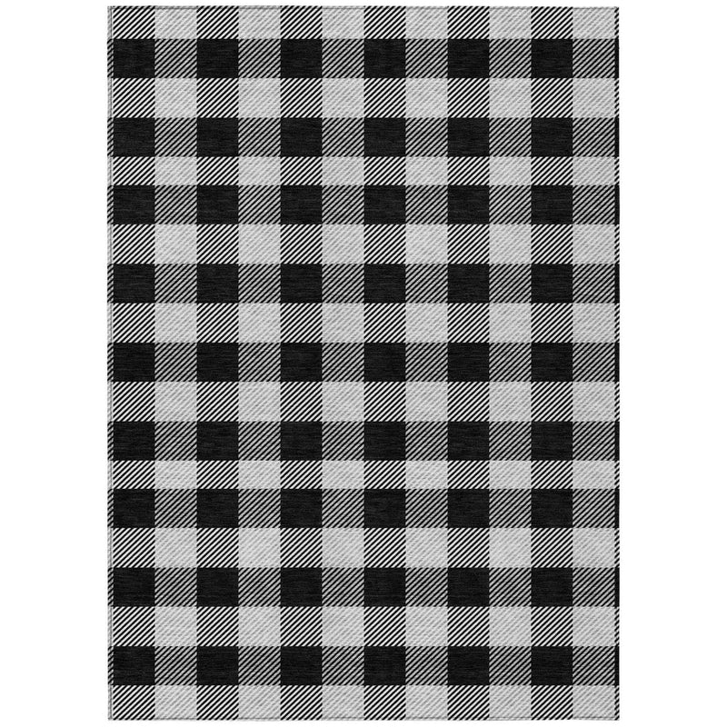 10' X 14' Black Gray And Ivory Plaid Washable Indoor Outdoor Area Rug