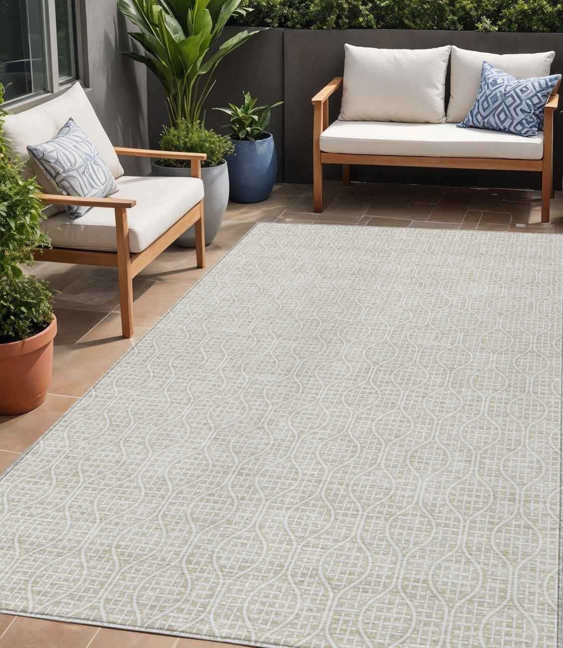 5' X 8' Beige And Ivory Geometric Washable Indoor Outdoor Area Rug