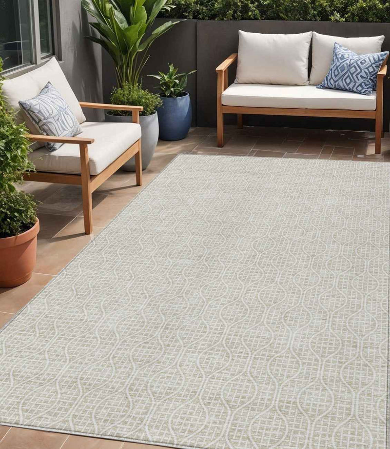 5' X 8' Beige And Ivory Geometric Washable Indoor Outdoor Area Rug