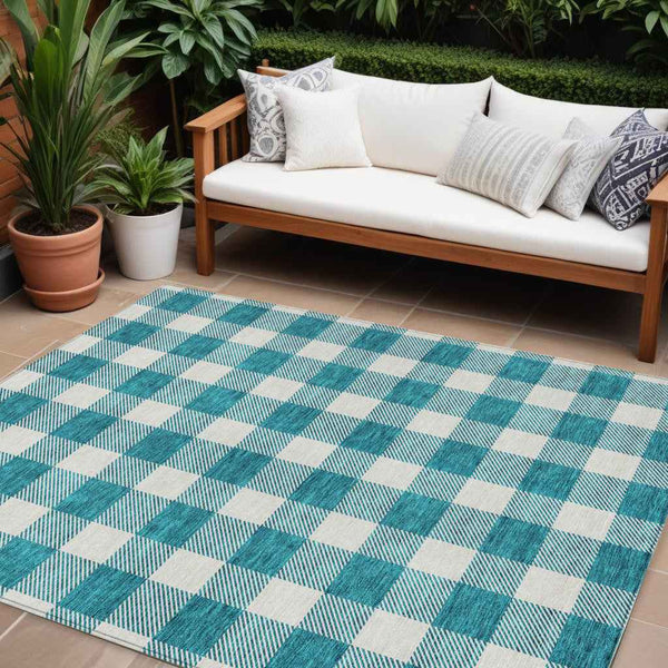 10' X 14' Teal Blue And Gray Plaid Washable Indoor Outdoor Area Rug