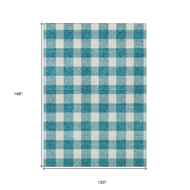 10' X 14' Teal Blue And Gray Plaid Washable Indoor Outdoor Area Rug