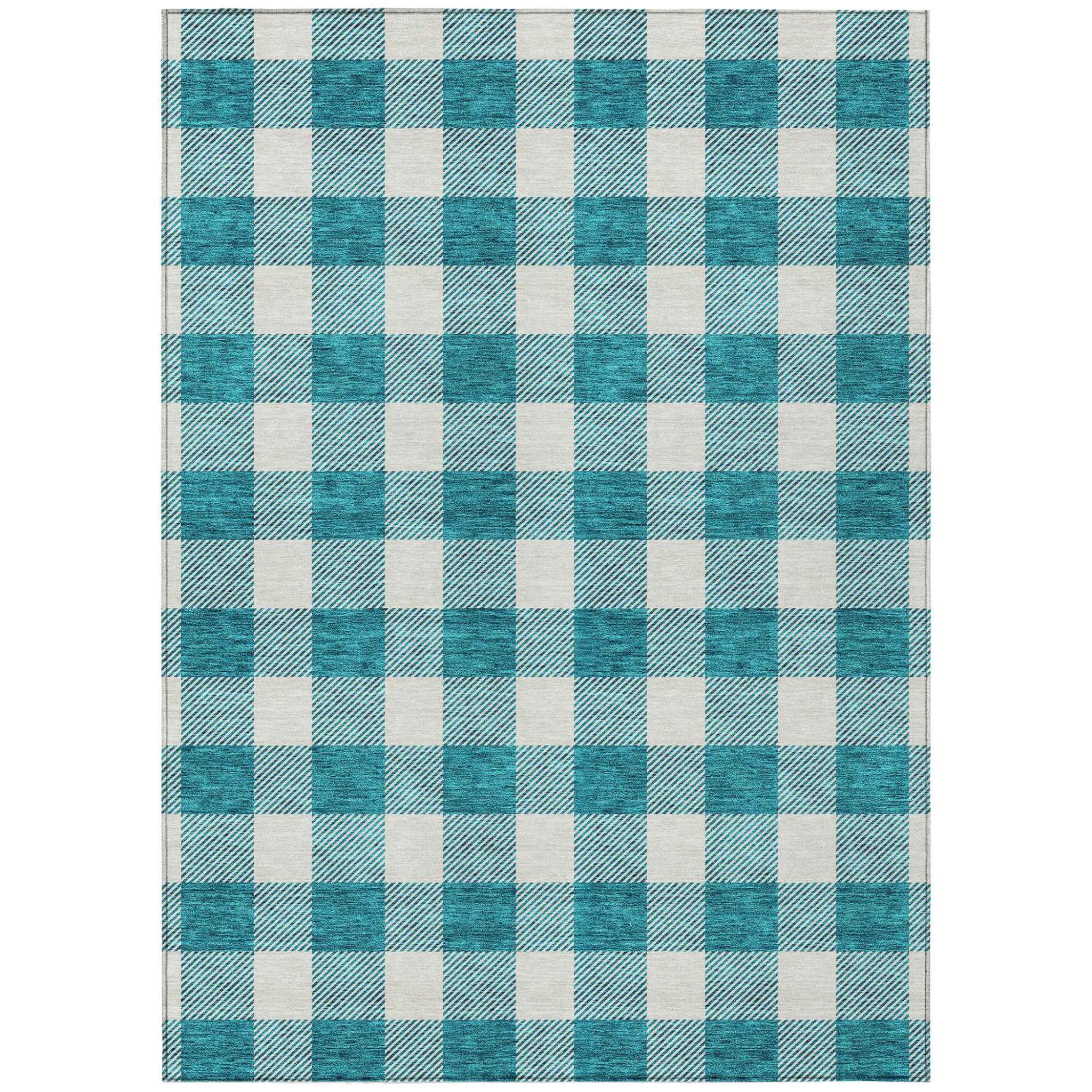 10' X 14' Teal Blue And Gray Plaid Washable Indoor Outdoor Area Rug