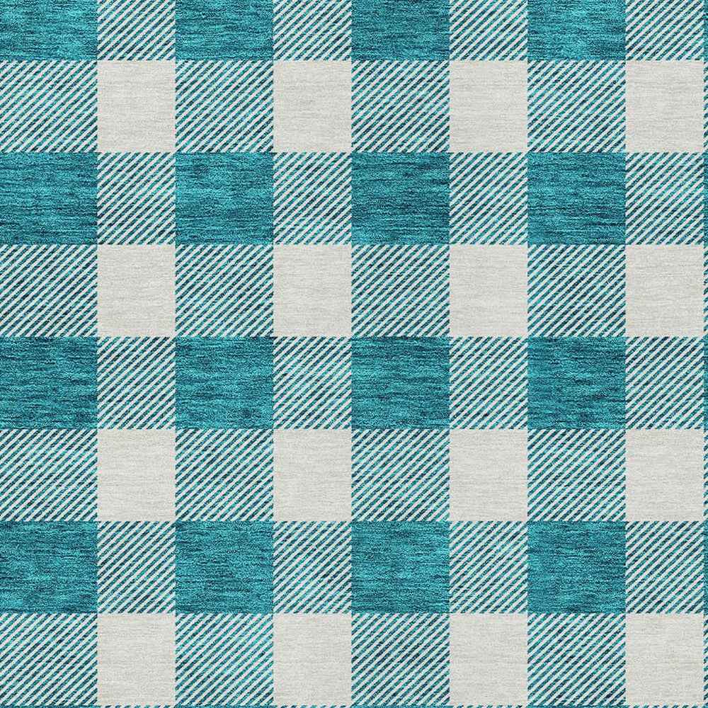 10' X 14' Teal Blue And Gray Plaid Washable Indoor Outdoor Area Rug