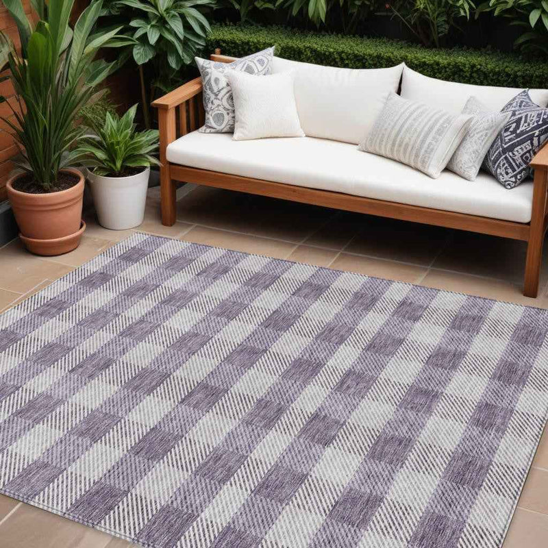 8' X 10' Lavender And Ivory Plaid Washable Indoor Outdoor Area Rug