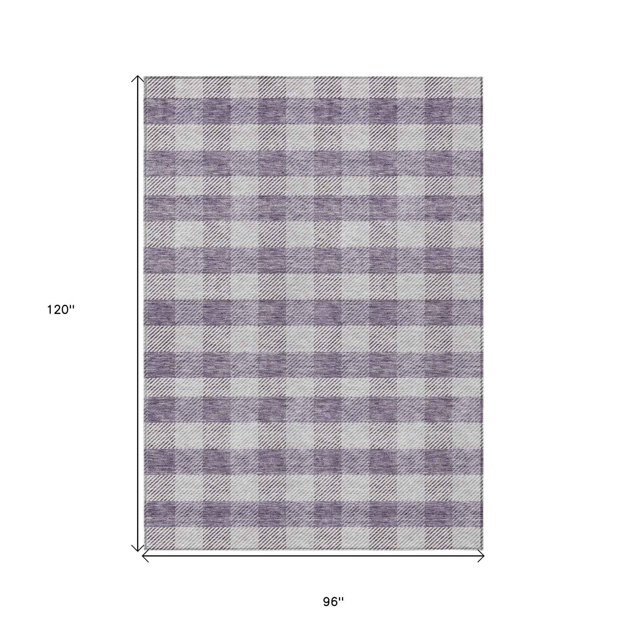 8' X 10' Lavender And Ivory Plaid Washable Indoor Outdoor Area Rug