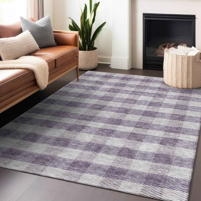 8' X 10' Lavender And Ivory Plaid Washable Indoor Outdoor Area Rug