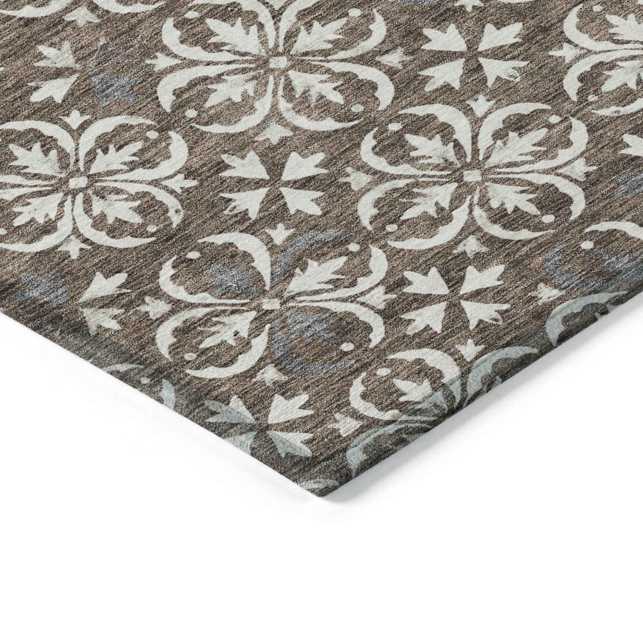 8' X 10' Brown Gray And Beige Floral Washable Indoor Outdoor Area Rug
