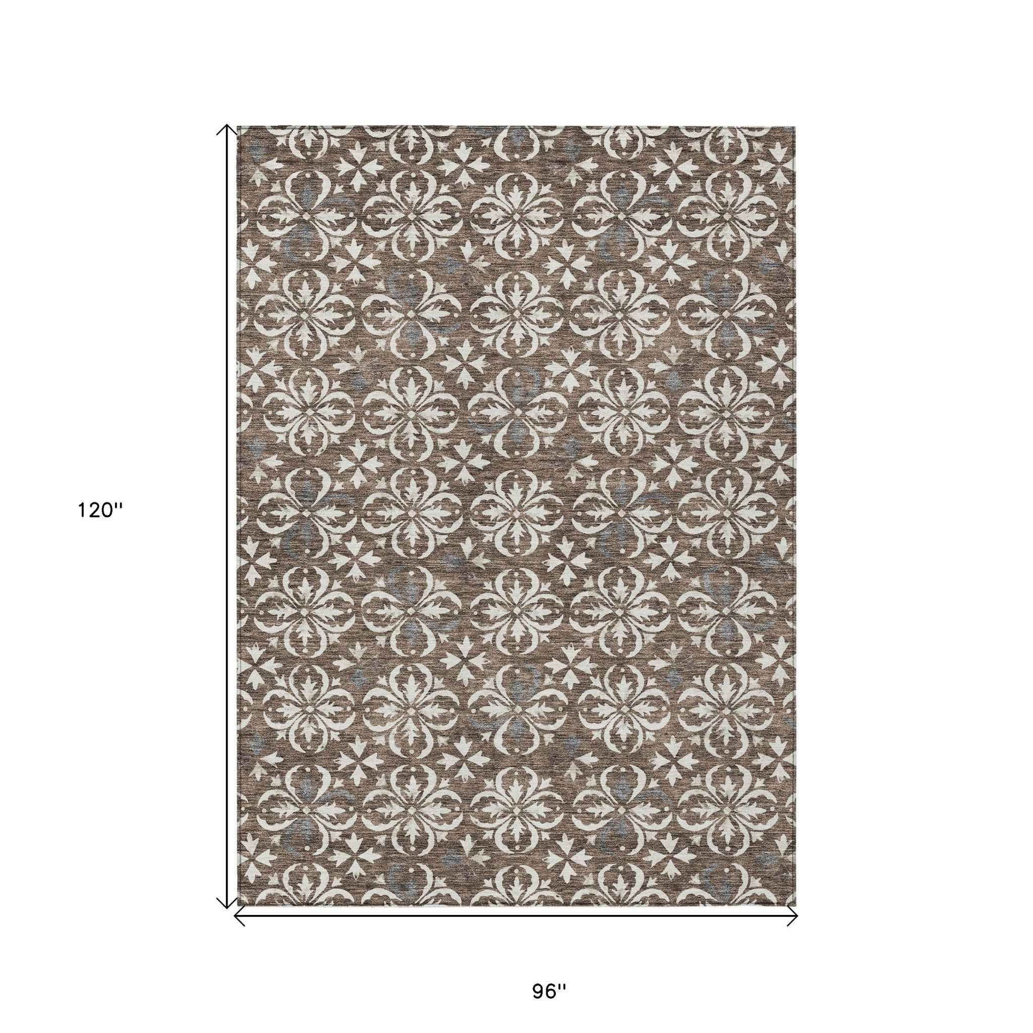 8' X 10' Brown Gray And Beige Floral Washable Indoor Outdoor Area Rug