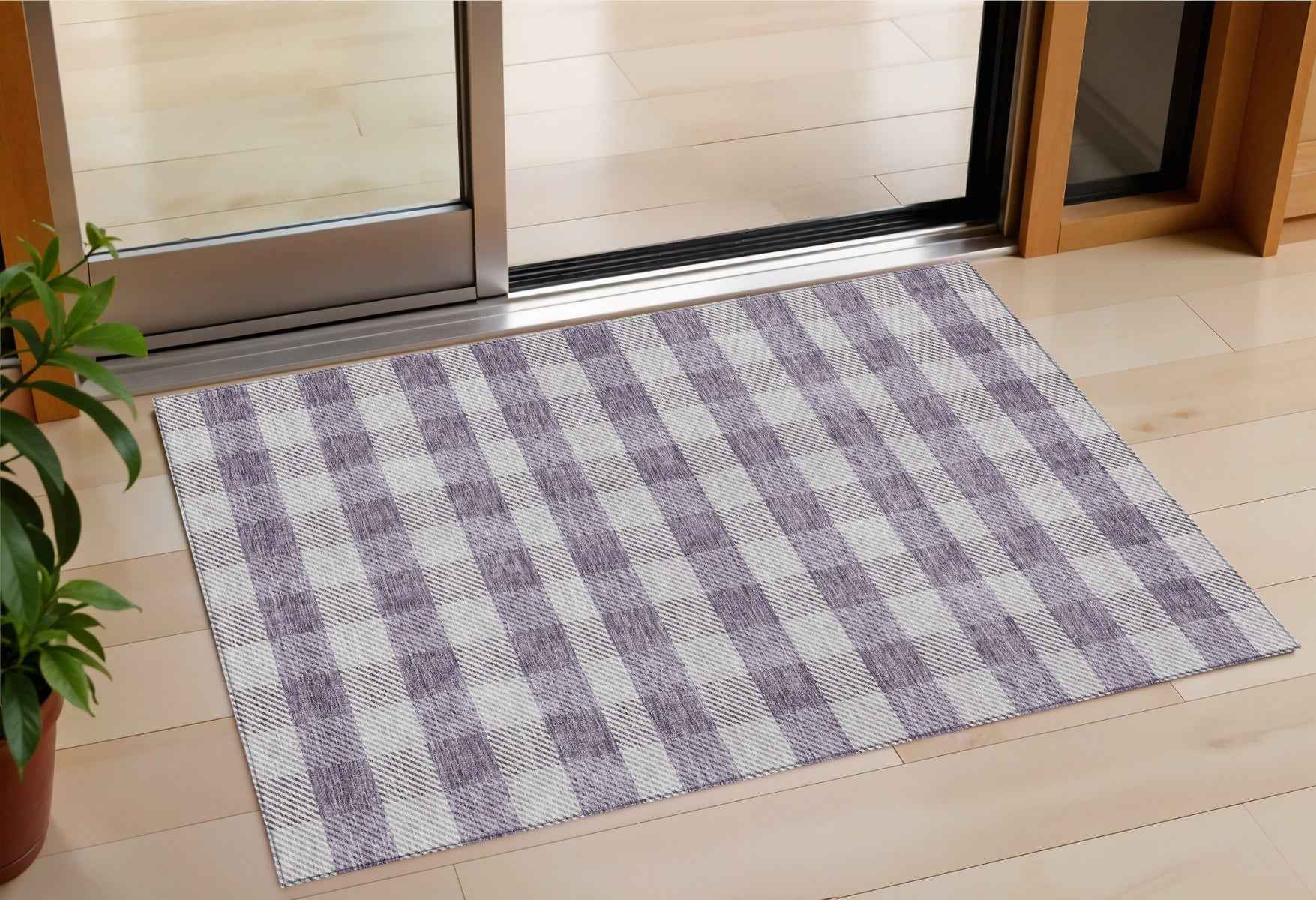 3' X 5' Lavender And Ivory Plaid Washable Indoor Outdoor Area Rug