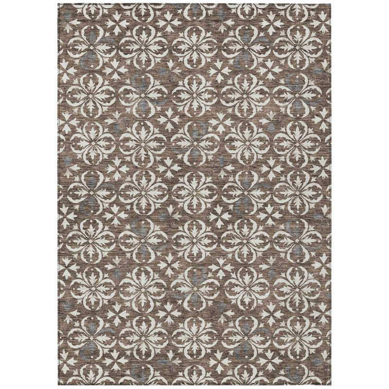 8' X 10' Brown Gray And Beige Floral Washable Indoor Outdoor Area Rug