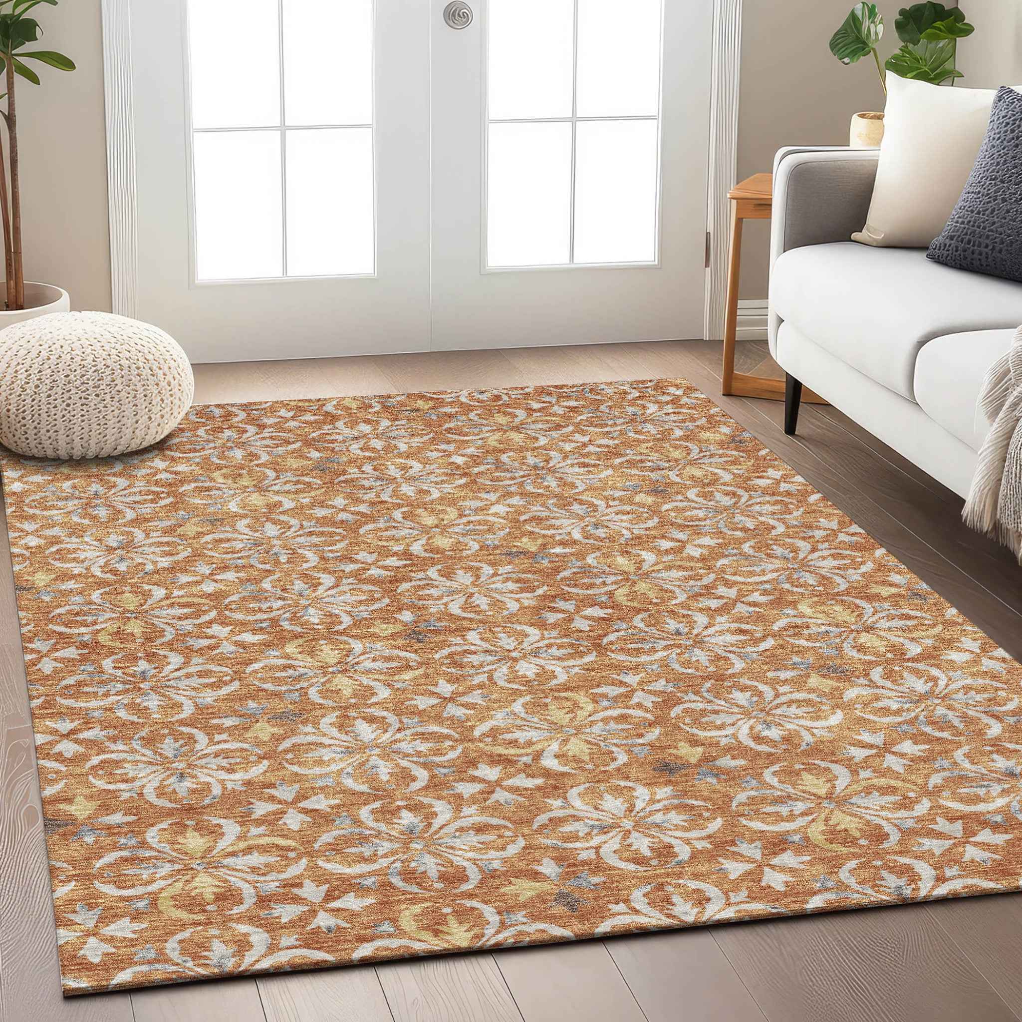 10' X 14' Copper Gray And Beige Floral Washable Indoor Outdoor Area Rug