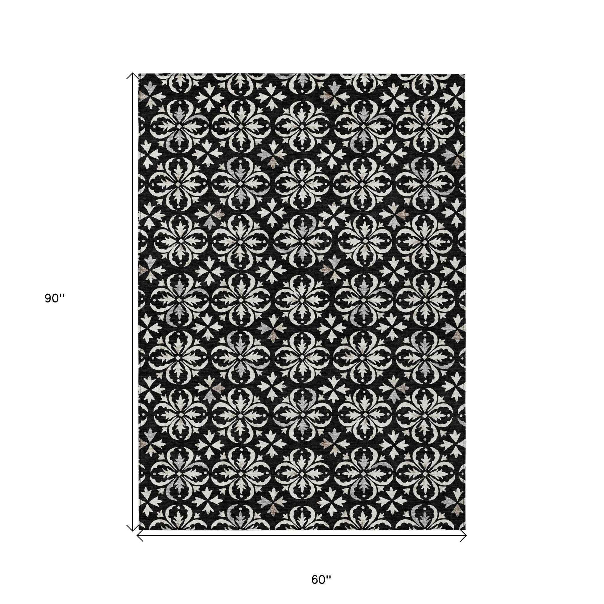 5' X 8' Black And Ivory Floral Washable Indoor Outdoor Area Rug