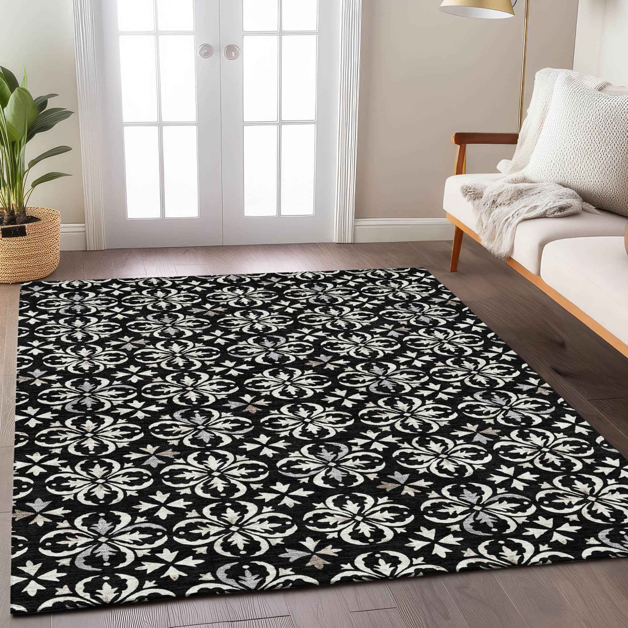 5' X 8' Black And Ivory Floral Washable Indoor Outdoor Area Rug